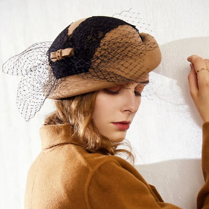 EE 5203 autumn and winter new mesh wool hat round face suitable for British elegant banquet Beret hat women