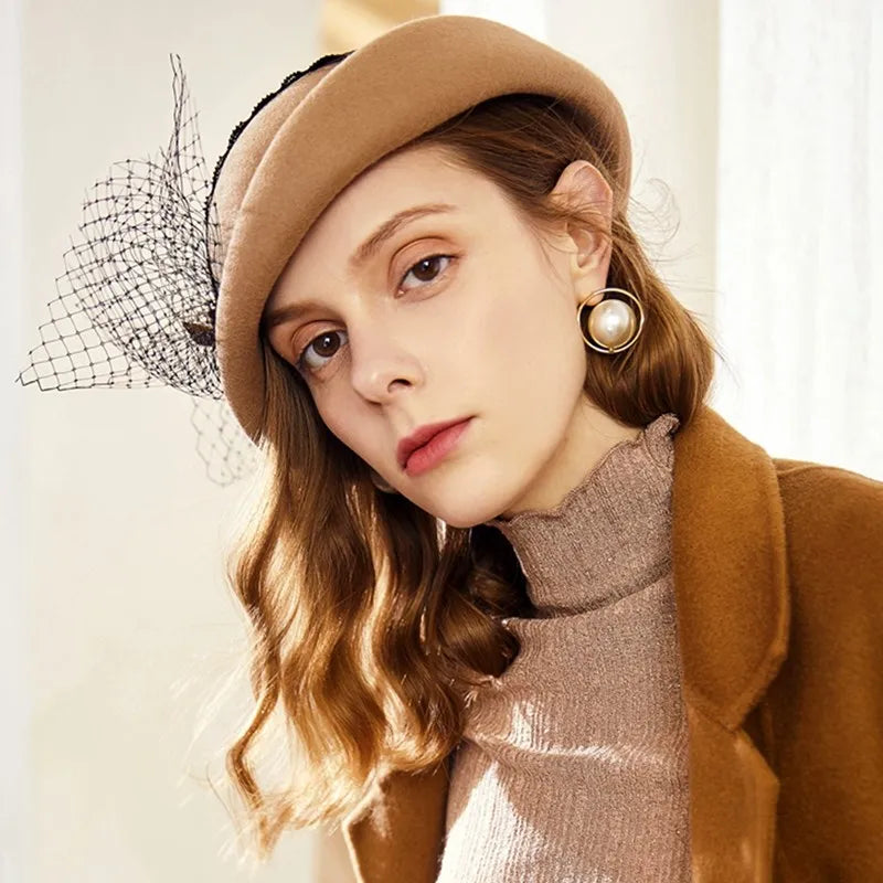 EE 5203 autumn and winter new mesh wool hat round face suitable for British elegant banquet Beret hat women