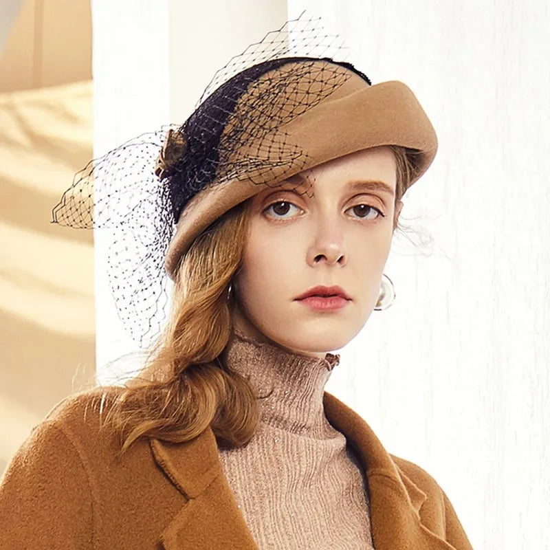 EE 5203 autumn and winter new mesh wool hat round face suitable for British elegant banquet Beret hat women