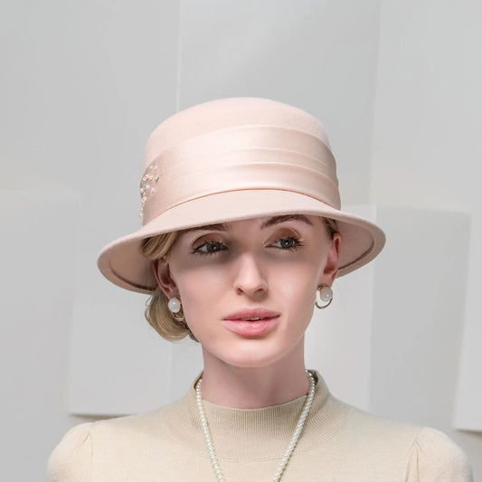 EE 5213  new winter elegant pearl decoration banquet pure wool hat felt trilby female hat in winter