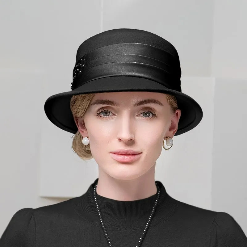 EE 5213  new winter elegant pearl decoration banquet pure wool hat felt trilby female hat in winter