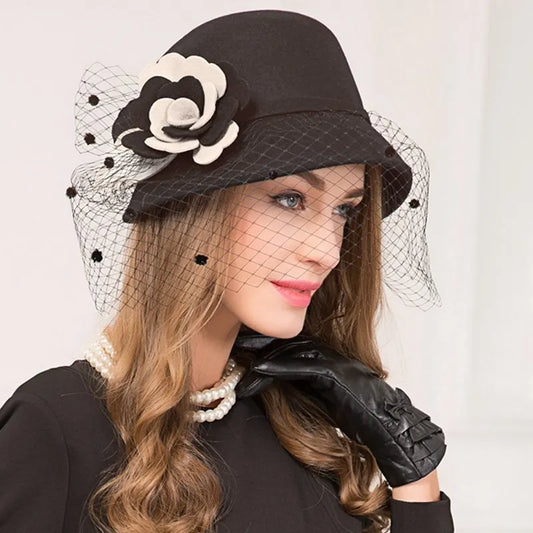 EE 5227  new hat women's autumn wool felt hat winter shopping flower ladies small top hat travel woolen hat
