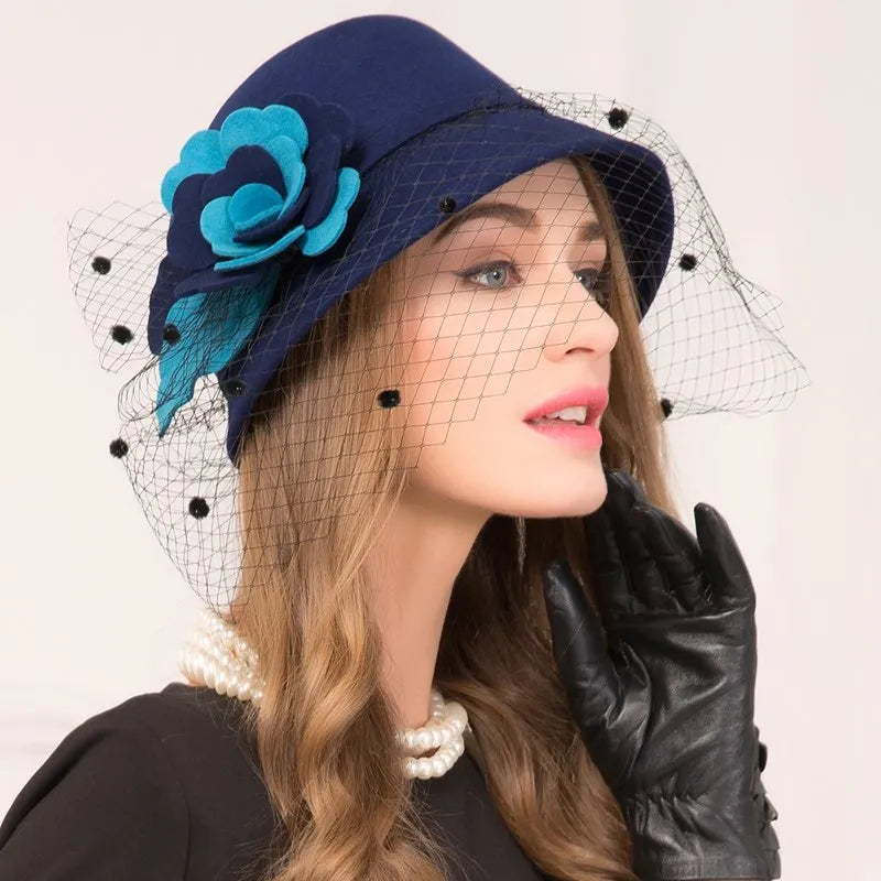 EE 5227  new hat women's autumn wool felt hat winter shopping flower ladies small top hat travel woolen hat