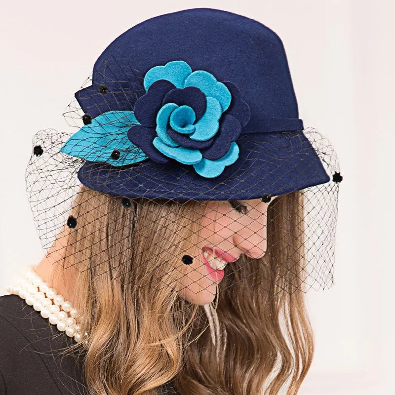 EE 5227  new hat women's autumn wool felt hat winter shopping flower ladies small top hat travel woolen hat