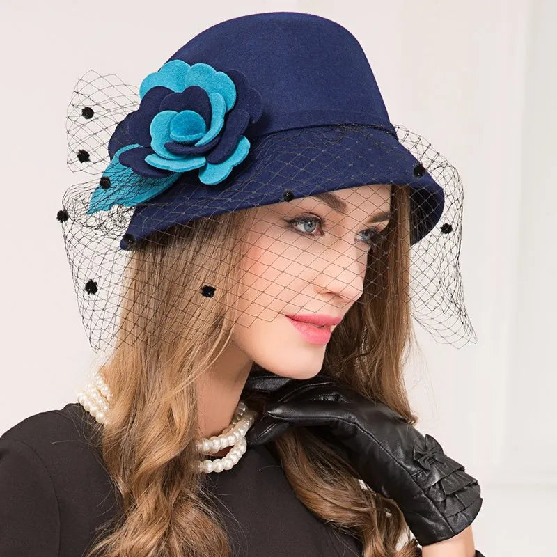 EE 5227  new hat women's autumn wool felt hat winter shopping flower ladies small top hat travel woolen hat