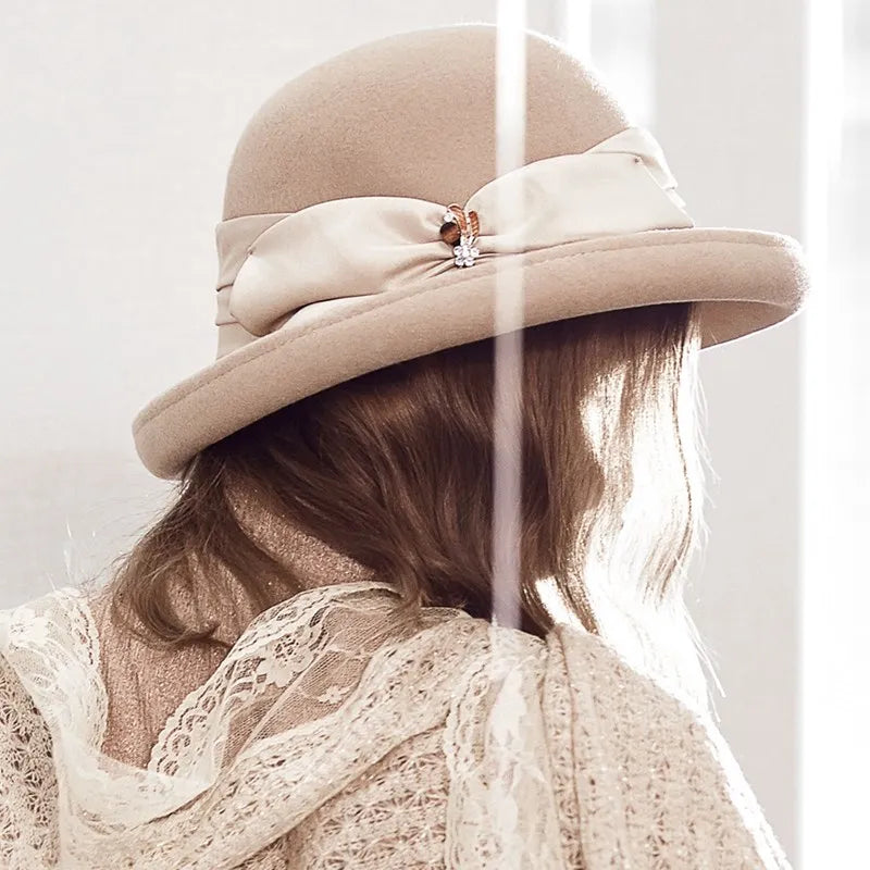 EE 5237 autumn and winter new rolled eaves dome wool hat big eaves all simple winter hat woman