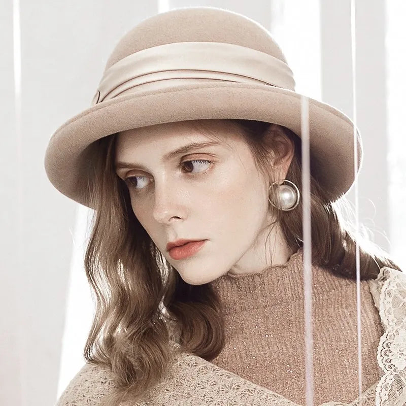 EE 5237 autumn and winter new rolled eaves dome wool hat big eaves all simple winter hat woman