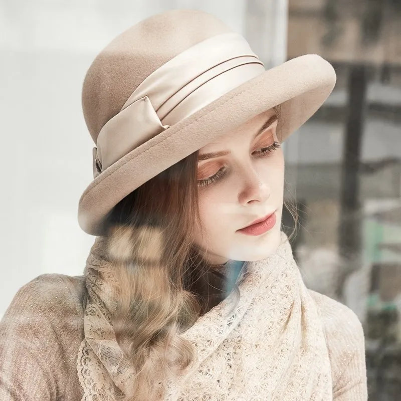 EE 5237 autumn and winter new rolled eaves dome wool hat big eaves all simple winter hat woman