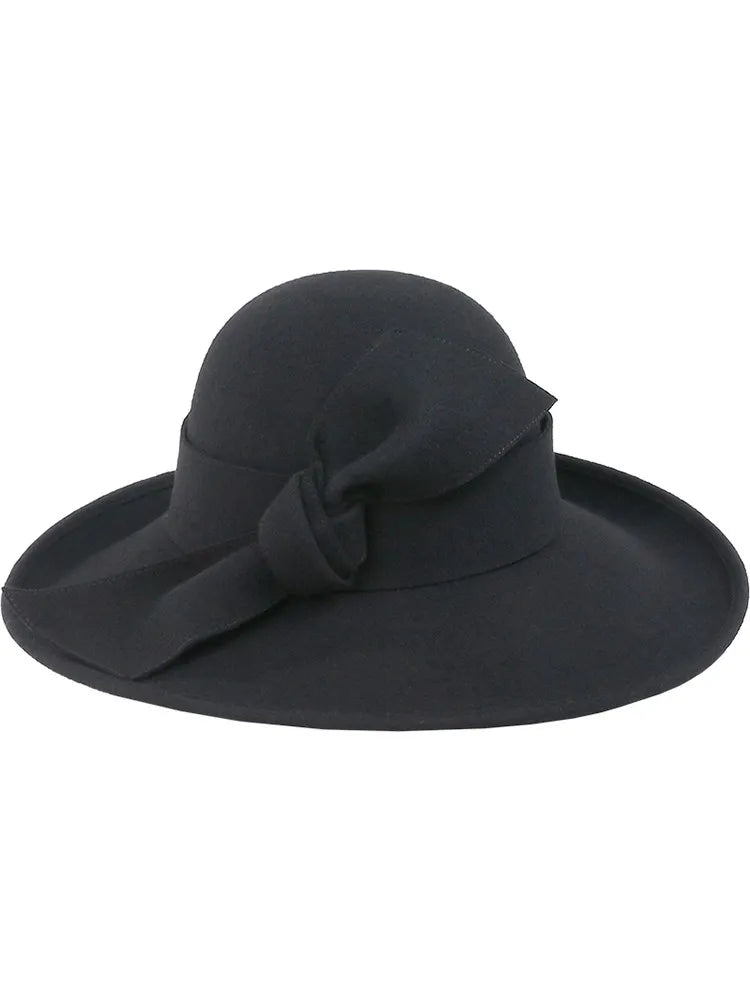 EE 5245 black wool hat new winter large eaves bowknot girl felt trilby contracted style hat