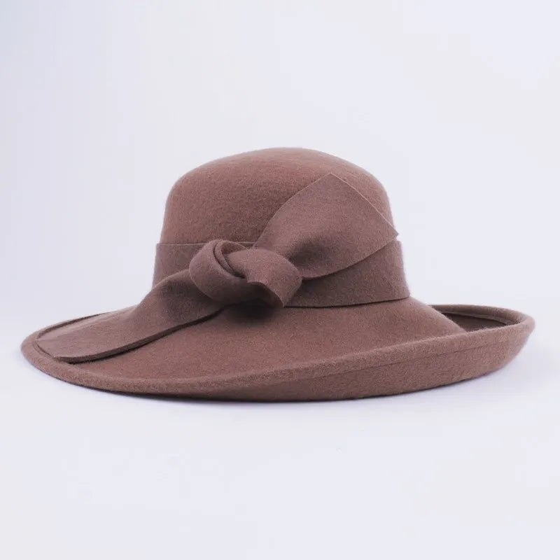 EE 5245 black wool hat new winter large eaves bowknot girl felt trilby contracted style hat