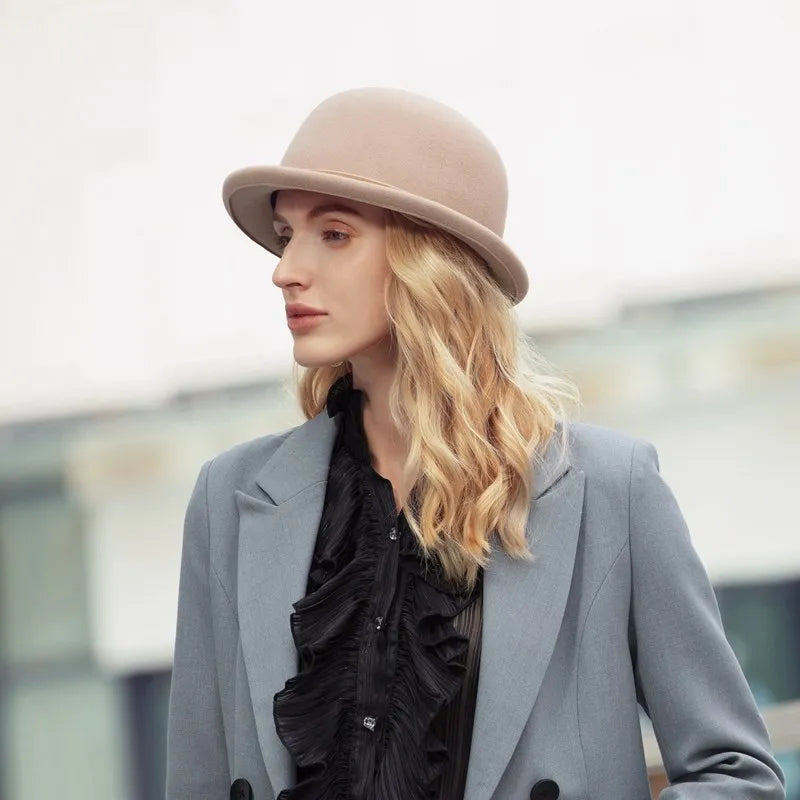 EE 5253 Autumn and Winter New Round Top Rolling Eaves Wool Hat Simple and Versatile Style Celebrity Ladies Hat Children