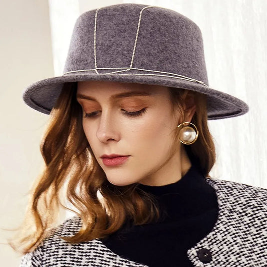 EE 5262 Wool Hat Autumn and Winter New Flat Top Wide brim Wool Hat Simple and Versatile Elegant Hat for Women
