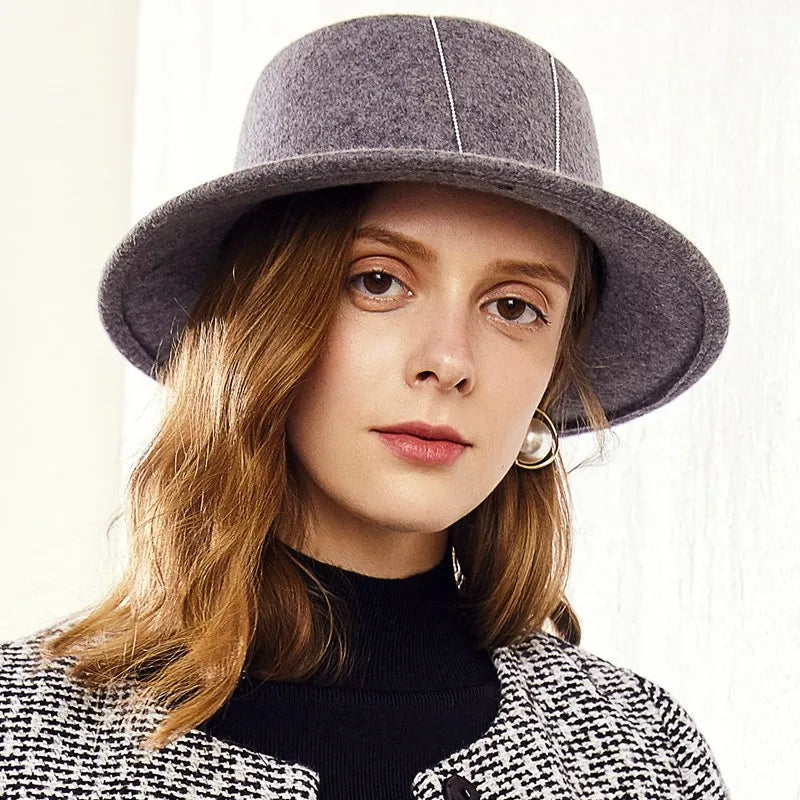 EE 5262 Wool Hat Autumn and Winter New Flat Top Wide brim Wool Hat Simple and Versatile Elegant Hat for Women