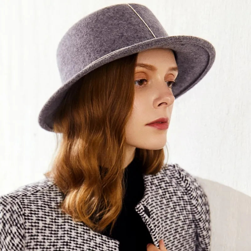 EE 5262 Wool Hat Autumn and Winter New Flat Top Wide brim Wool Hat Simple and Versatile Elegant Hat for Women