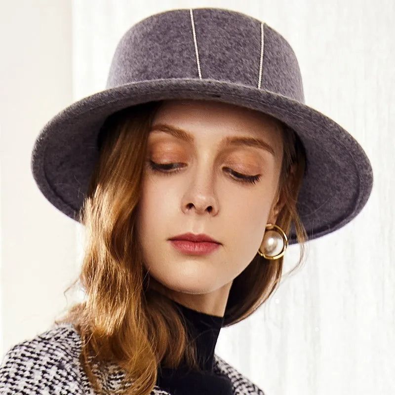 EE 5262 Wool Hat Autumn and Winter New Flat Top Wide brim Wool Hat Simple and Versatile Elegant Hat for Women