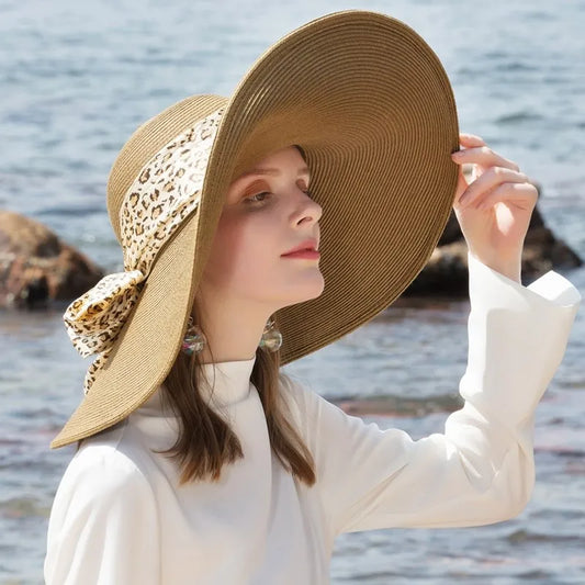 EE 7002 [Straw Hat] Foldable Summer New Style Big Brim Bow Sun Shade Beach Hat for Women