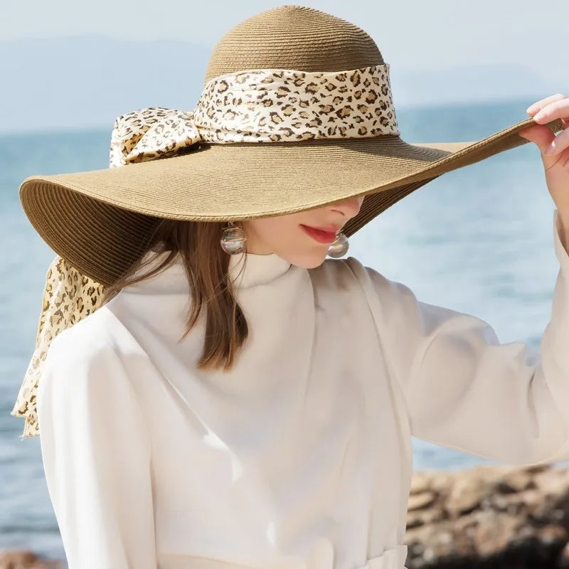 EE 7002 [Straw Hat] Foldable Summer New Style Big Brim Bow Sun Shade Beach Hat for Women