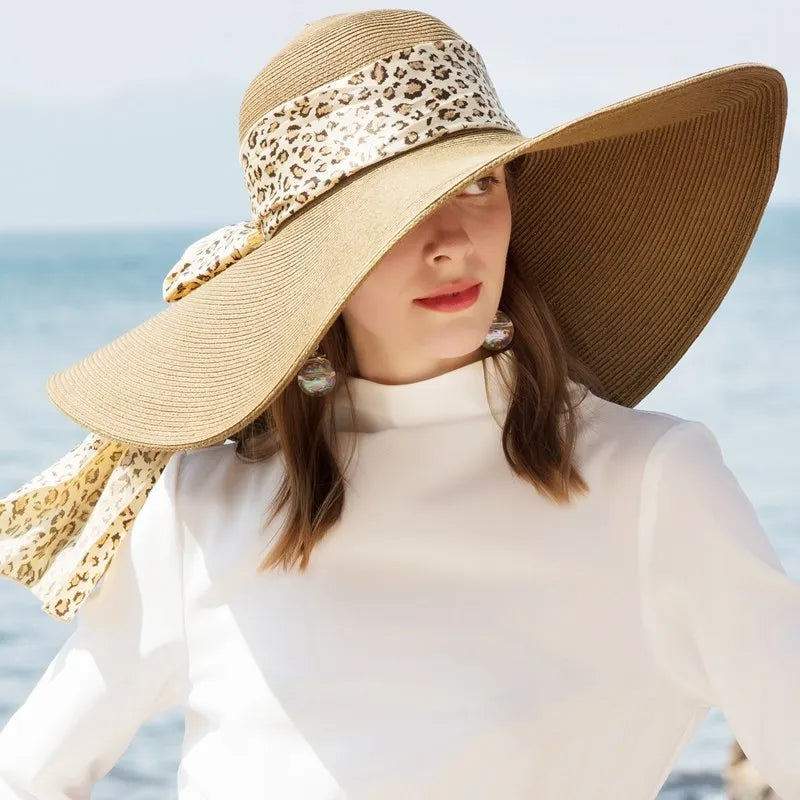 EE 7002 [Straw Hat] Foldable Summer New Style Big Brim Bow Sun Shade Beach Hat for Women
