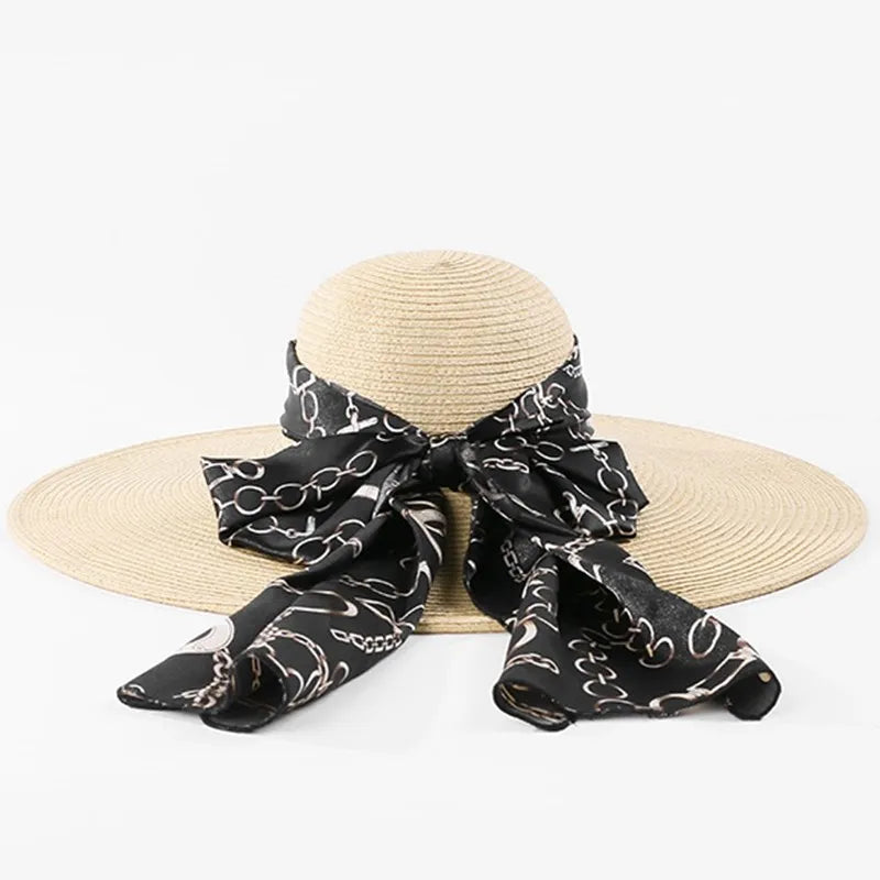 EE 7002 [Straw Hat] Foldable Summer New Style Big Brim Bow Sun Shade Beach Hat for Women
