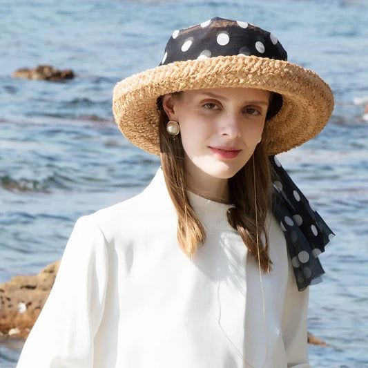 FADVES Women's Straw Sun Hat with Polka Dot Ribbon, Natural Woven Beach Cloche Hat, Summer Wedding Church Bowler Hat 7007