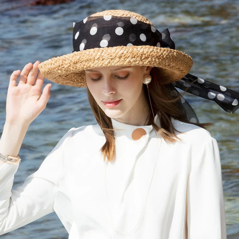 FADVES Women's Straw Sun Hat with Polka Dot Ribbon, Natural Woven Beach Cloche Hat, Summer Wedding Church Bowler Hat 7007