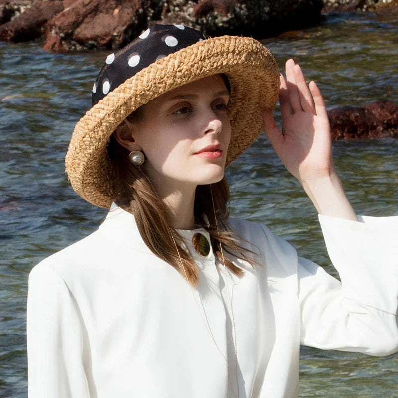 FADVES Women's Straw Sun Hat with Polka Dot Ribbon, Natural Woven Beach Cloche Hat, Summer Wedding Church Bowler Hat 7007
