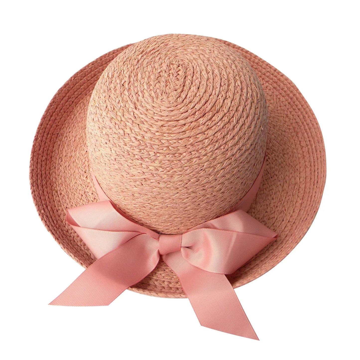FADVES Women's Straw Sun Hat with Polka Dot Ribbon, Natural Woven Beach Cloche Hat, Summer Wedding Church Bowler Hat 7007
