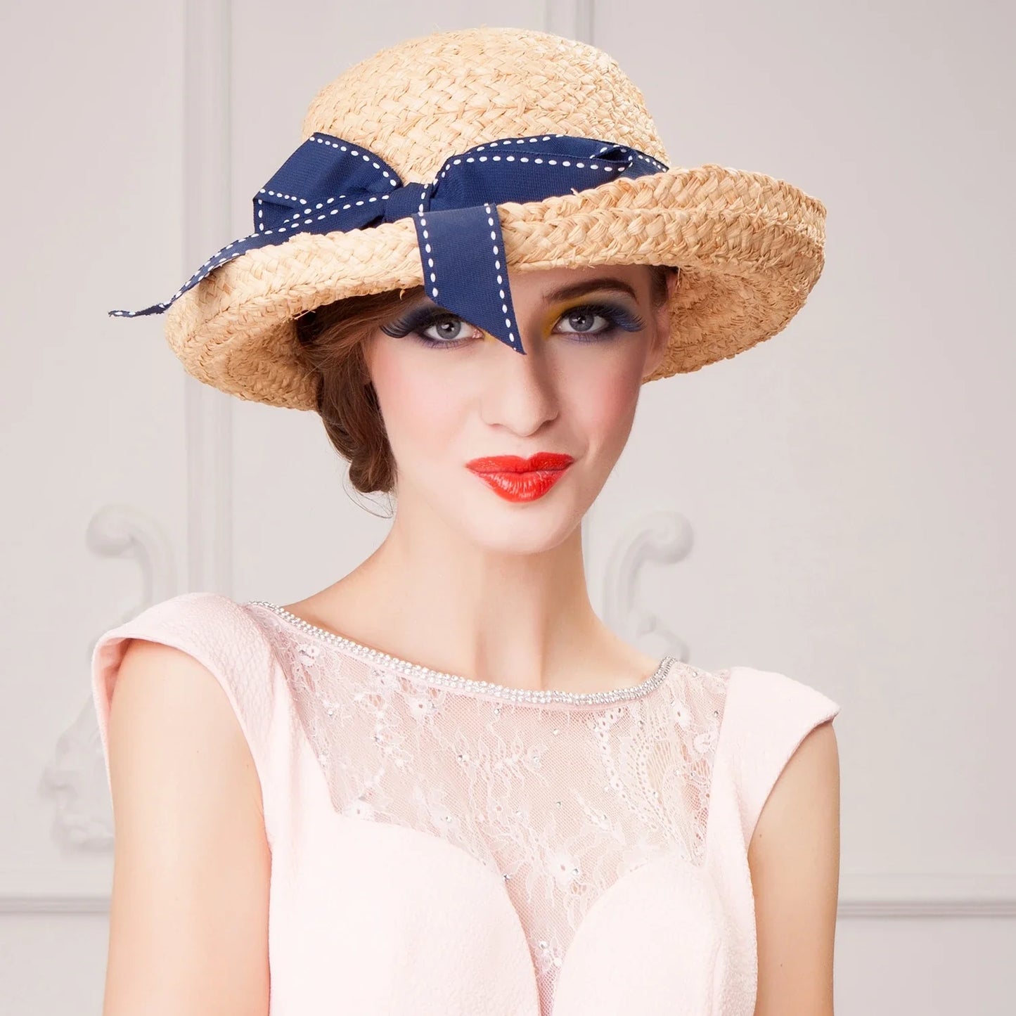 FADVES Women's Straw Sun Hat with Polka Dot Ribbon, Natural Woven Beach Cloche Hat, Summer Wedding Church Bowler Hat 7007