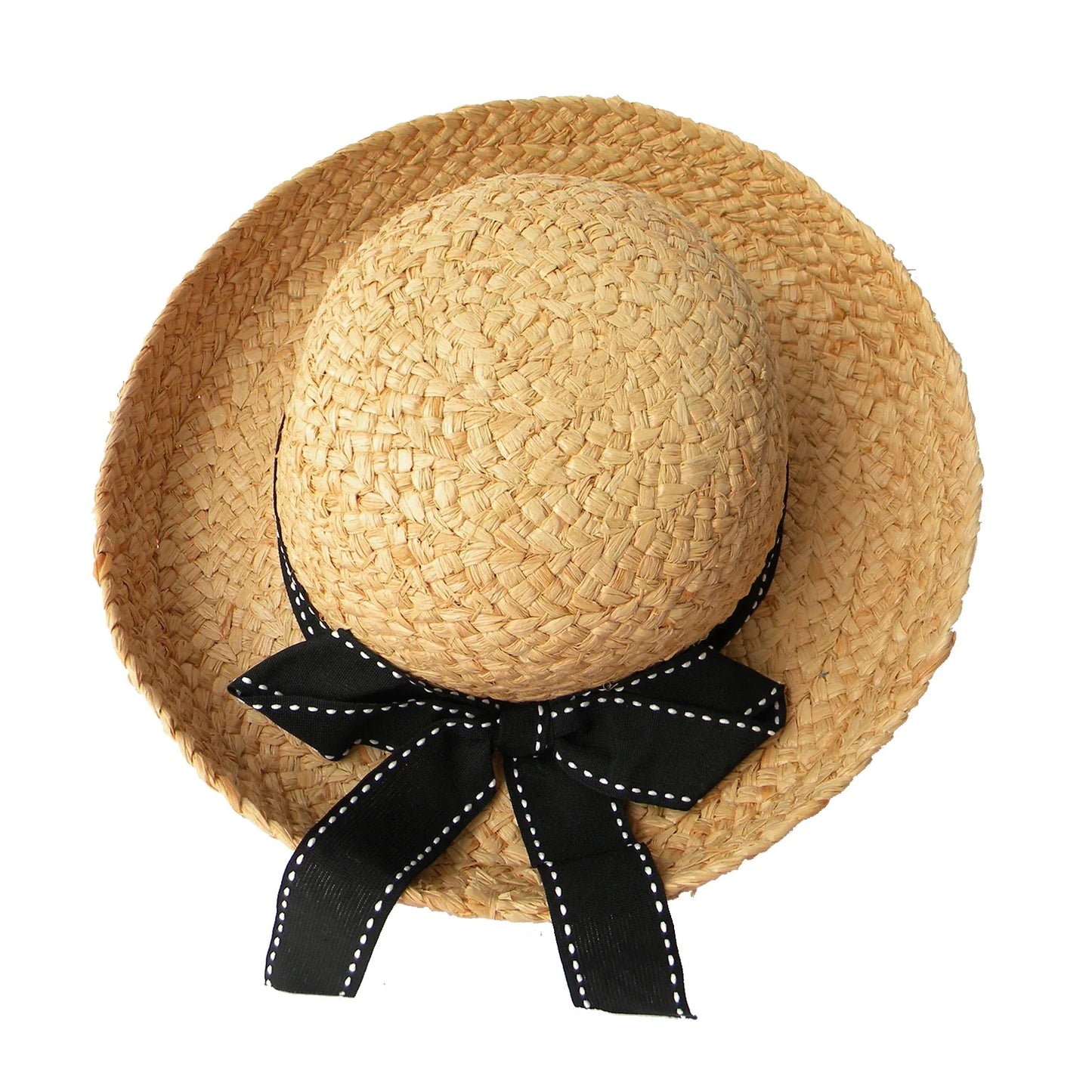 FADVES Women's Straw Sun Hat with Polka Dot Ribbon, Natural Woven Beach Cloche Hat, Summer Wedding Church Bowler Hat 7007