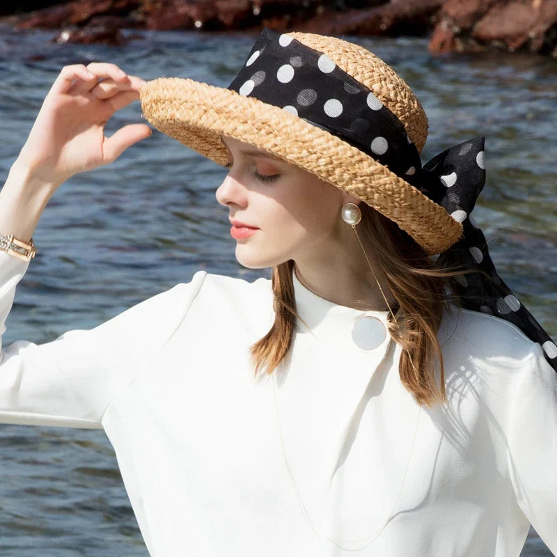 FADVES Women's Straw Sun Hat with Polka Dot Ribbon, Natural Woven Beach Cloche Hat, Summer Wedding Church Bowler Hat 7007