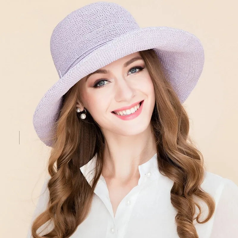 FADVES Elegant Summer Straw Sun Hat, Handwoven Wide Brim Beach Hat for Women, Casual Holiday Style 7009
