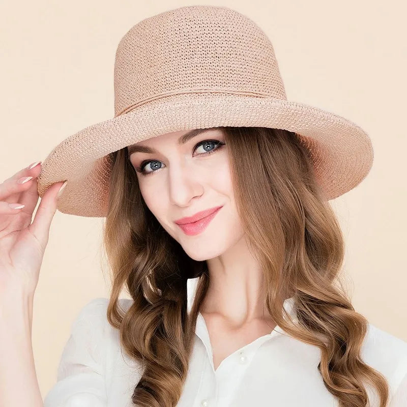 FADVES Elegant Summer Straw Sun Hat, Handwoven Wide Brim Beach Hat for Women, Casual Holiday Style 7009