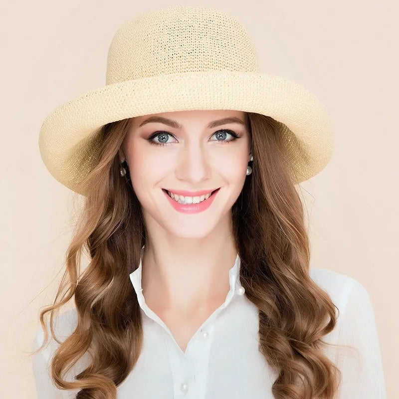 FADVES Elegant Summer Straw Sun Hat, Handwoven Wide Brim Beach Hat for Women, Casual Holiday Style 7009