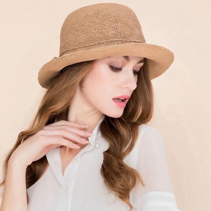 FADVES Elegant Summer Straw Sun Hat, Handwoven Wide Brim Beach Hat for Women, Casual Holiday Style 7009