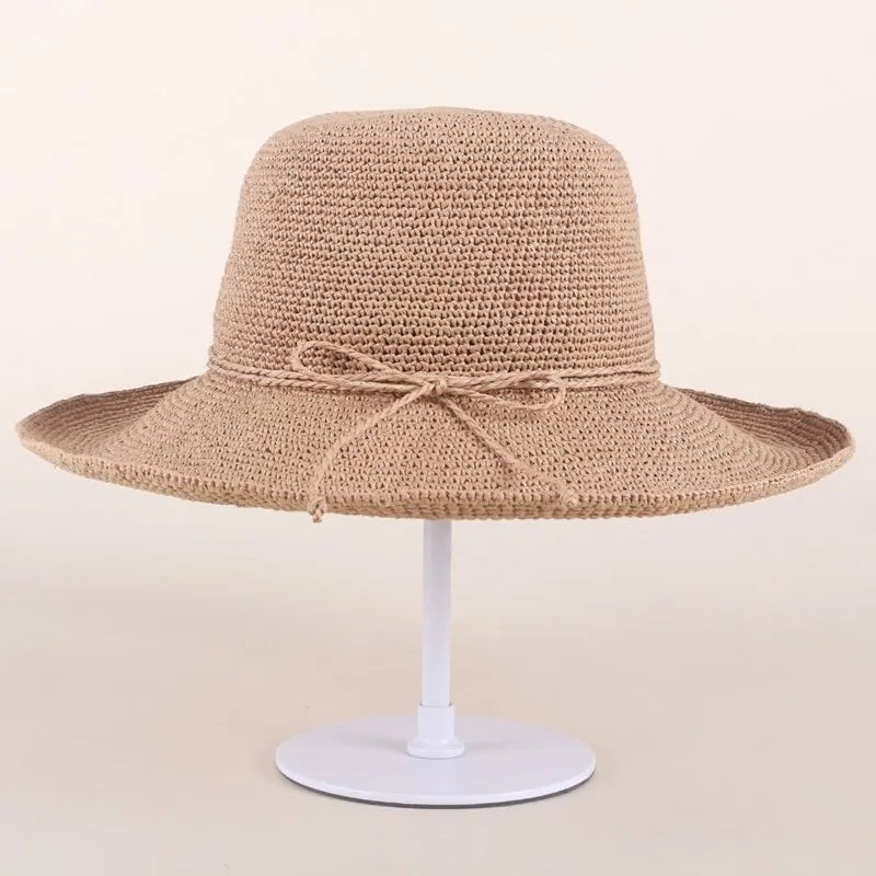 FADVES Elegant Summer Straw Sun Hat, Handwoven Wide Brim Beach Hat for Women, Casual Holiday Style 7009