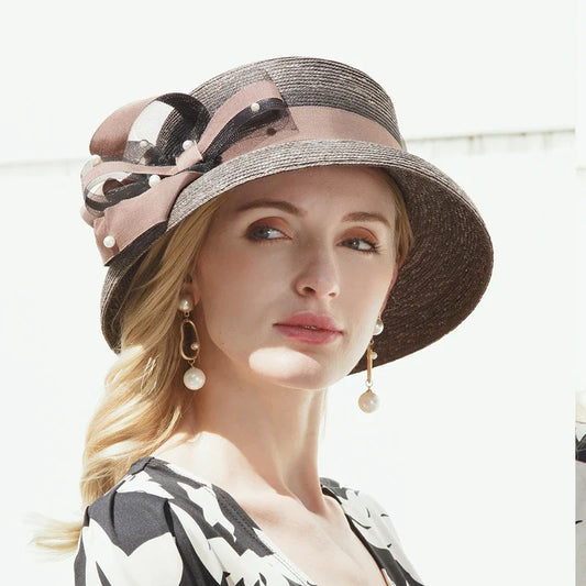 Elegant Wide Brim Straw Fedora Sun Hat, Brown with Pink Bow, Summer Beach Panama Style, Women's Fashion Accessory 7031