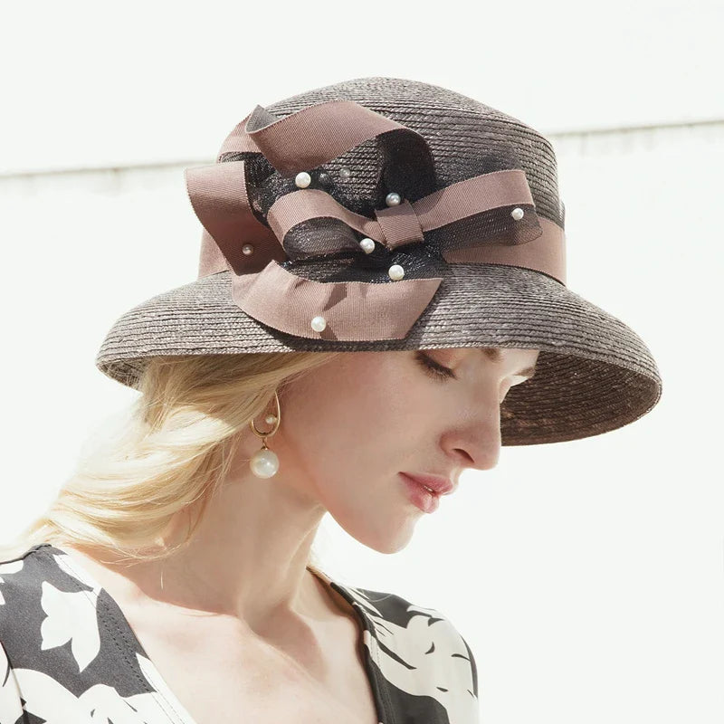 Elegant Wide Brim Straw Fedora Sun Hat, Brown with Pink Bow, Summer Beach Panama Style, Women's Fashion Accessory 7031