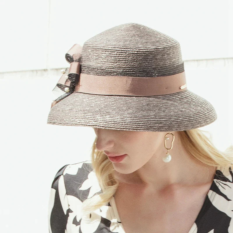 Elegant Wide Brim Straw Fedora Sun Hat, Brown with Pink Bow, Summer Beach Panama Style, Women's Fashion Accessory 7031