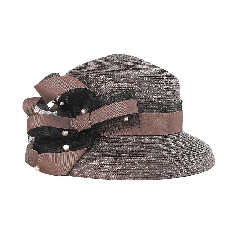 Elegant Wide Brim Straw Fedora Sun Hat, Brown with Pink Bow, Summer Beach Panama Style, Women's Fashion Accessory 7031