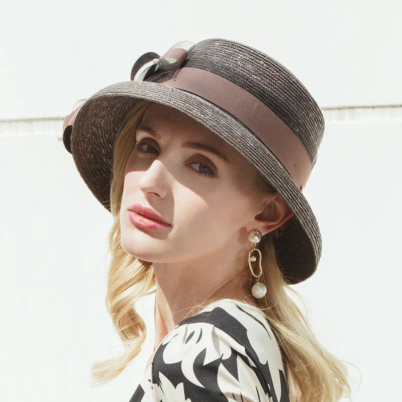 Elegant Wide Brim Straw Fedora Sun Hat, Brown with Pink Bow, Summer Beach Panama Style, Women's Fashion Accessory 7031