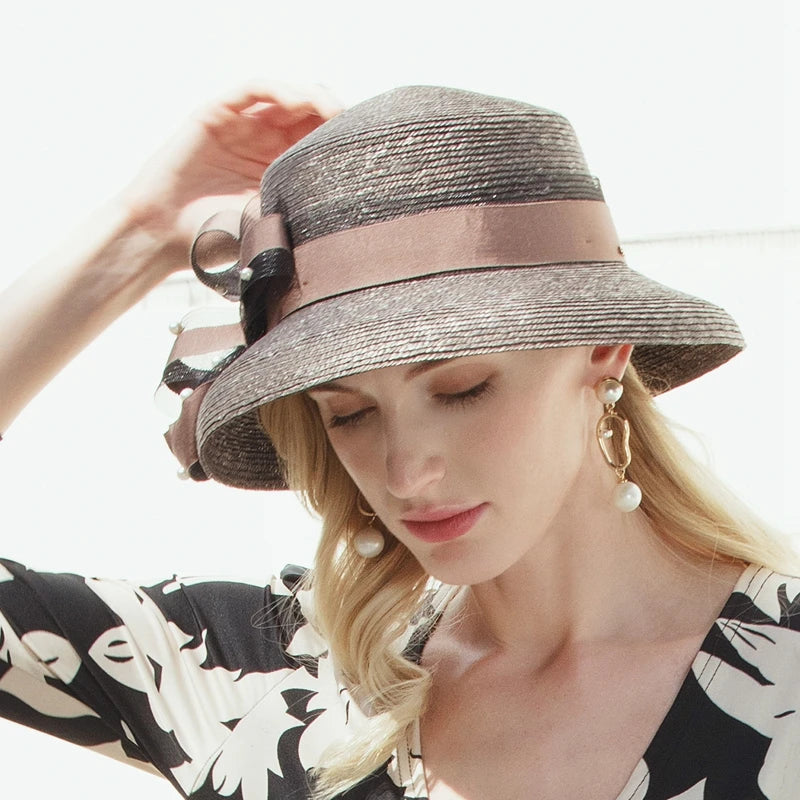 Elegant Wide Brim Straw Fedora Sun Hat, Brown with Pink Bow, Summer Beach Panama Style, Women's Fashion Accessory 7031