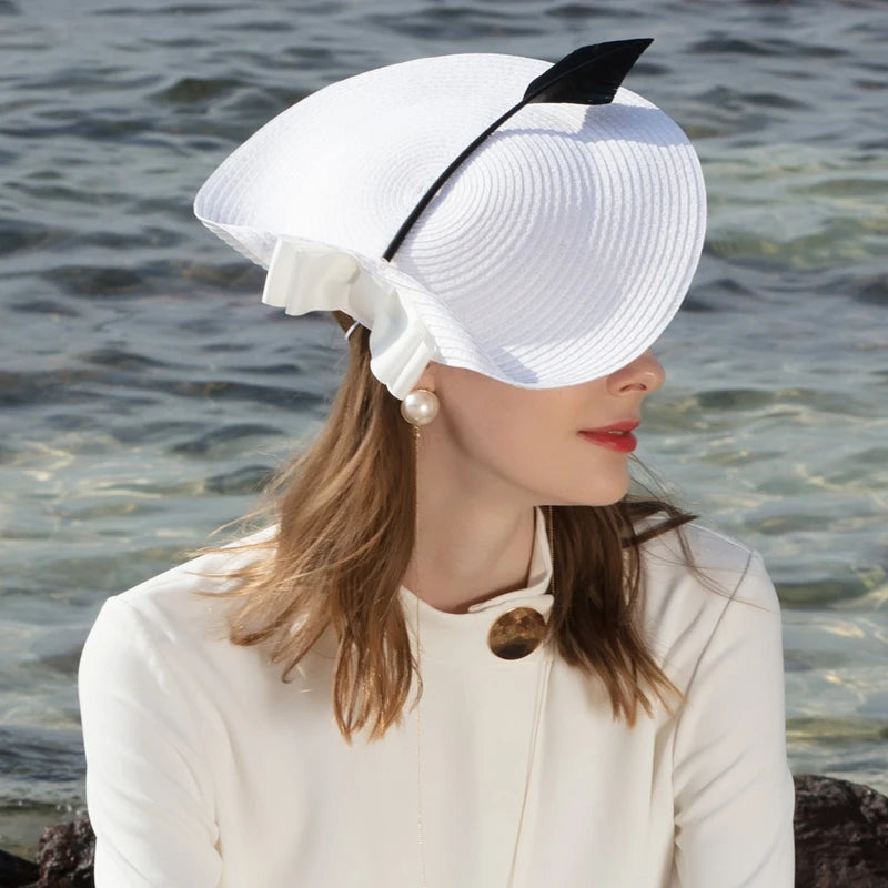 EE 7039 Spring and Summer/Stylish/Elegant Feminine Style/Ostrich Quills/Bowknot/Stripe/Sun Protection/Saucer Hat/Straw Hat