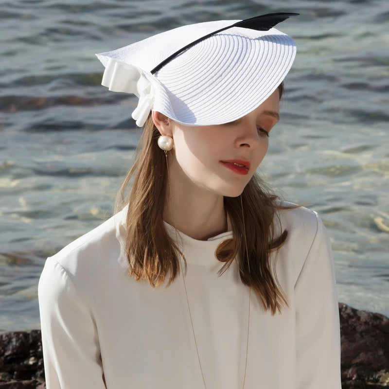 EE 7039 Spring and Summer/Stylish/Elegant Feminine Style/Ostrich Quills/Bowknot/Stripe/Sun Protection/Saucer Hat/Straw Hat