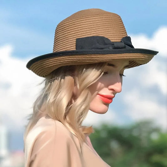 FADVES Vintage Bohemian Straw Sun Hat, Coffee Brown, Wide Brim, Summer Beach Vacation Style, Casual Outdoor Protection 7068