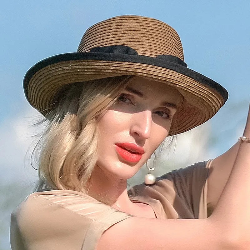 FADVES Vintage Bohemian Straw Sun Hat, Coffee Brown, Wide Brim, Summer Beach Vacation Style, Casual Outdoor Protection 7068