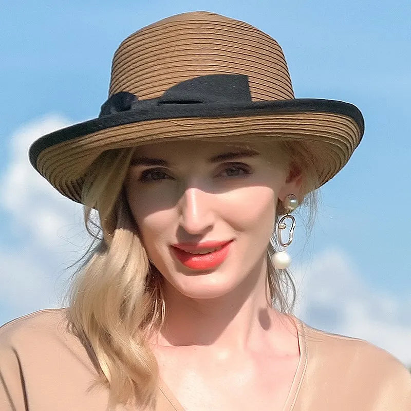 FADVES Vintage Bohemian Straw Sun Hat, Coffee Brown, Wide Brim, Summer Beach Vacation Style, Casual Outdoor Protection 7068