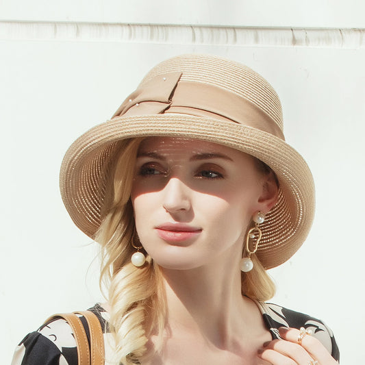 EE 7075 Summer/Original Design/Stylish/Daily Wear/Bowknot/pearls/ribbon/Fascinator/Sun Protection/Sunbonnet/Straw Hat