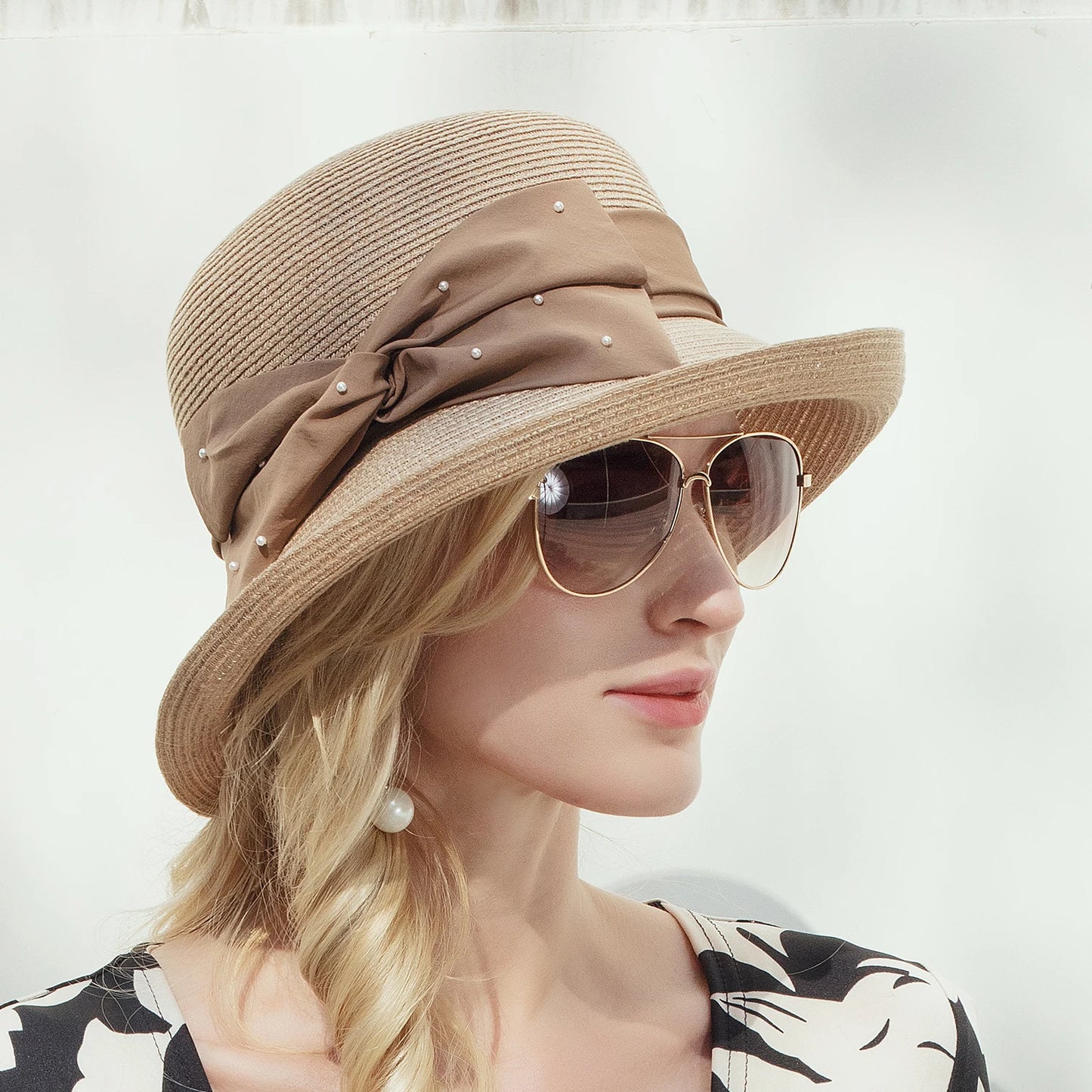 EE 7075 Summer/Original Design/Stylish/Daily Wear/Bowknot/pearls/ribbon/Fascinator/Sun Protection/Sunbonnet/Straw Hat