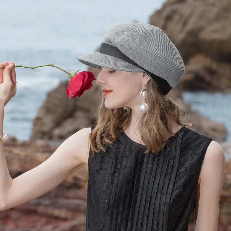 FADVES Women's Straw Cap Newsboy Gatsby Ivy Visor Beach Hat with Bowknot 7117