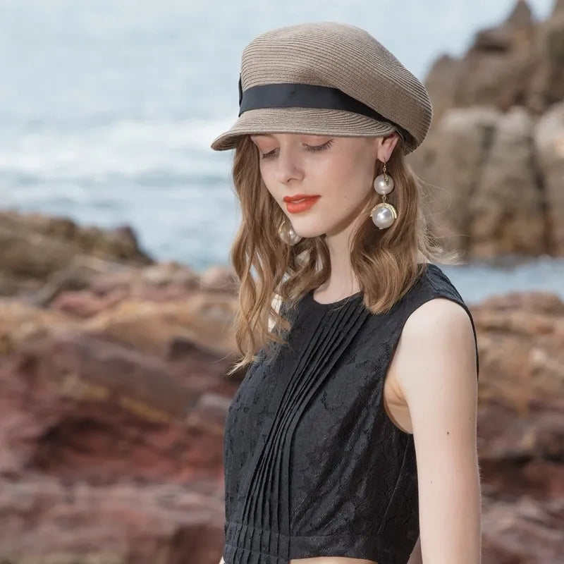FADVES Women's Straw Cap Newsboy Gatsby Ivy Visor Beach Hat with Bowknot 7117